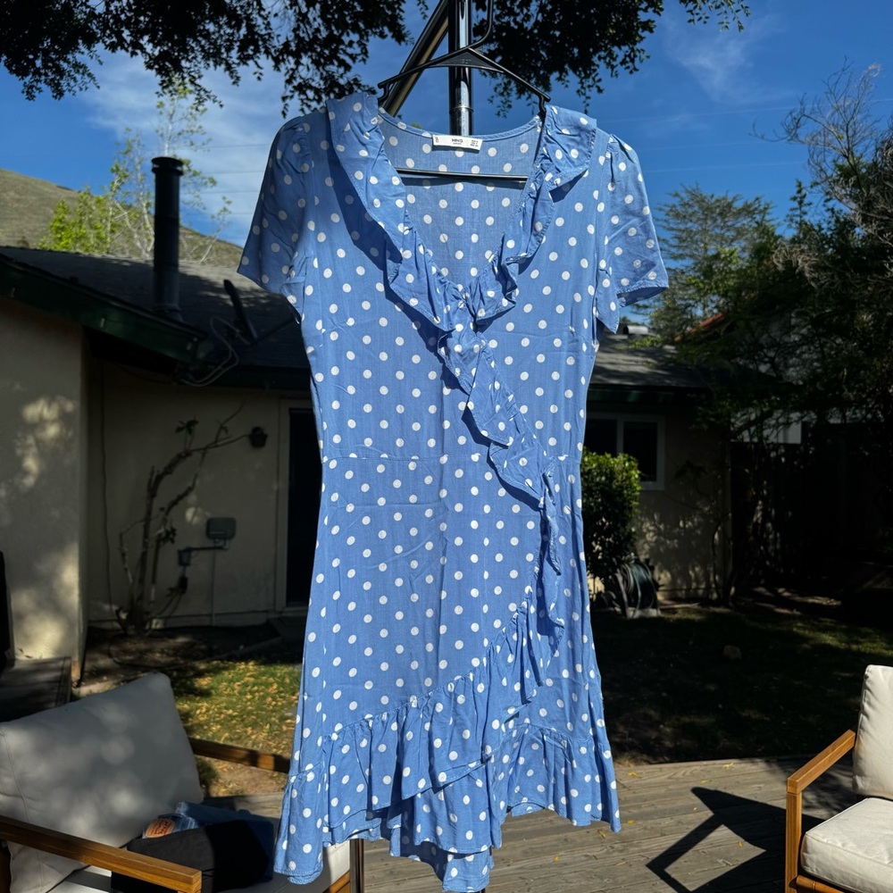 Mango Blue Polka Dot Ruffle Dress, Size 4